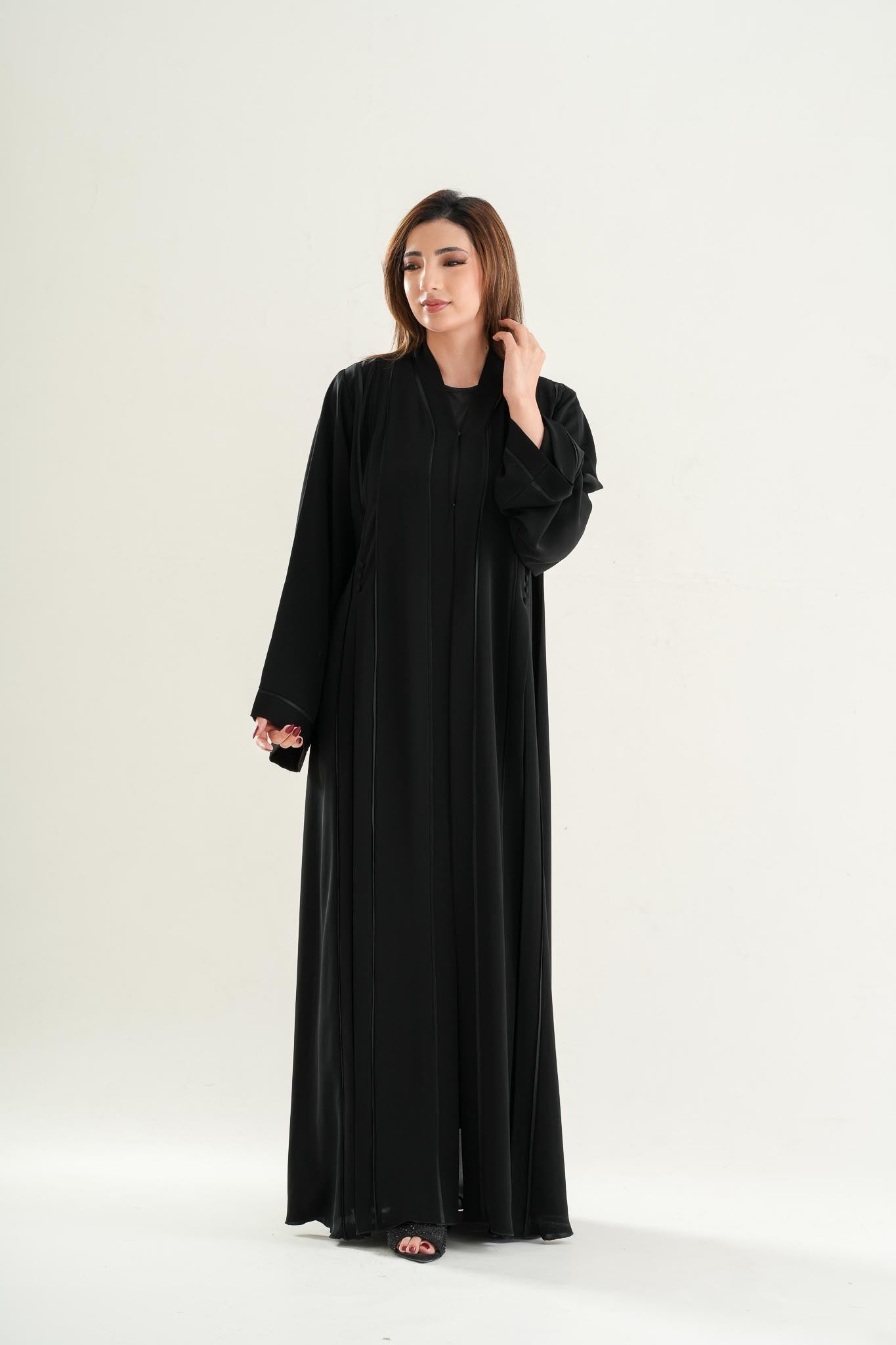 Luxury Classic Black Abaya with Layered Front Panel C104