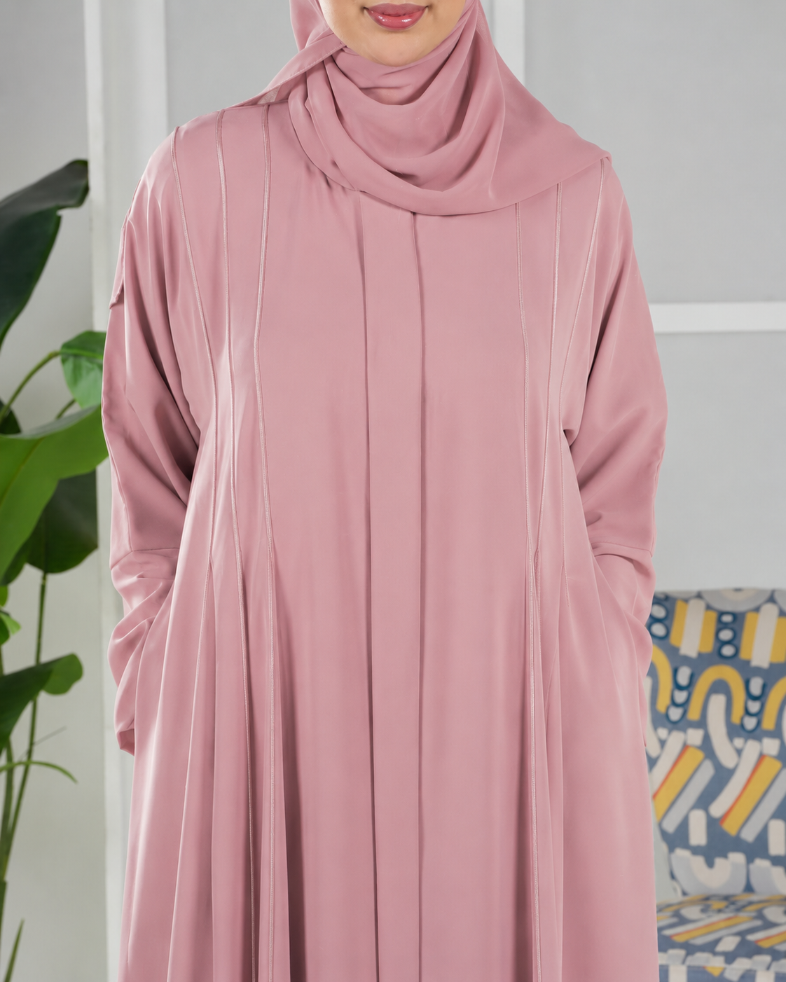 Premium Umrah & Hajj Abaya Model U107 with luxury panel design made in UAE dusty pink