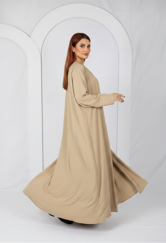 Premium open front abaya Model D107 in Camel Beige made in UAE the resha