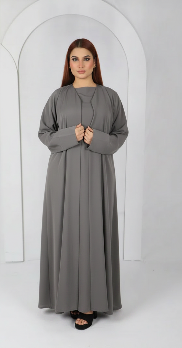 Premium open front abaya Model D107 in grey made in UAE