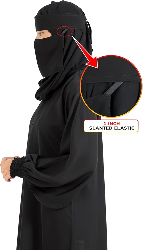 Black hijab with slanted elastic feature on a white background
