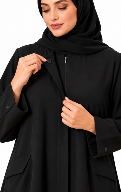Black abaya front zipper button and pocket detail