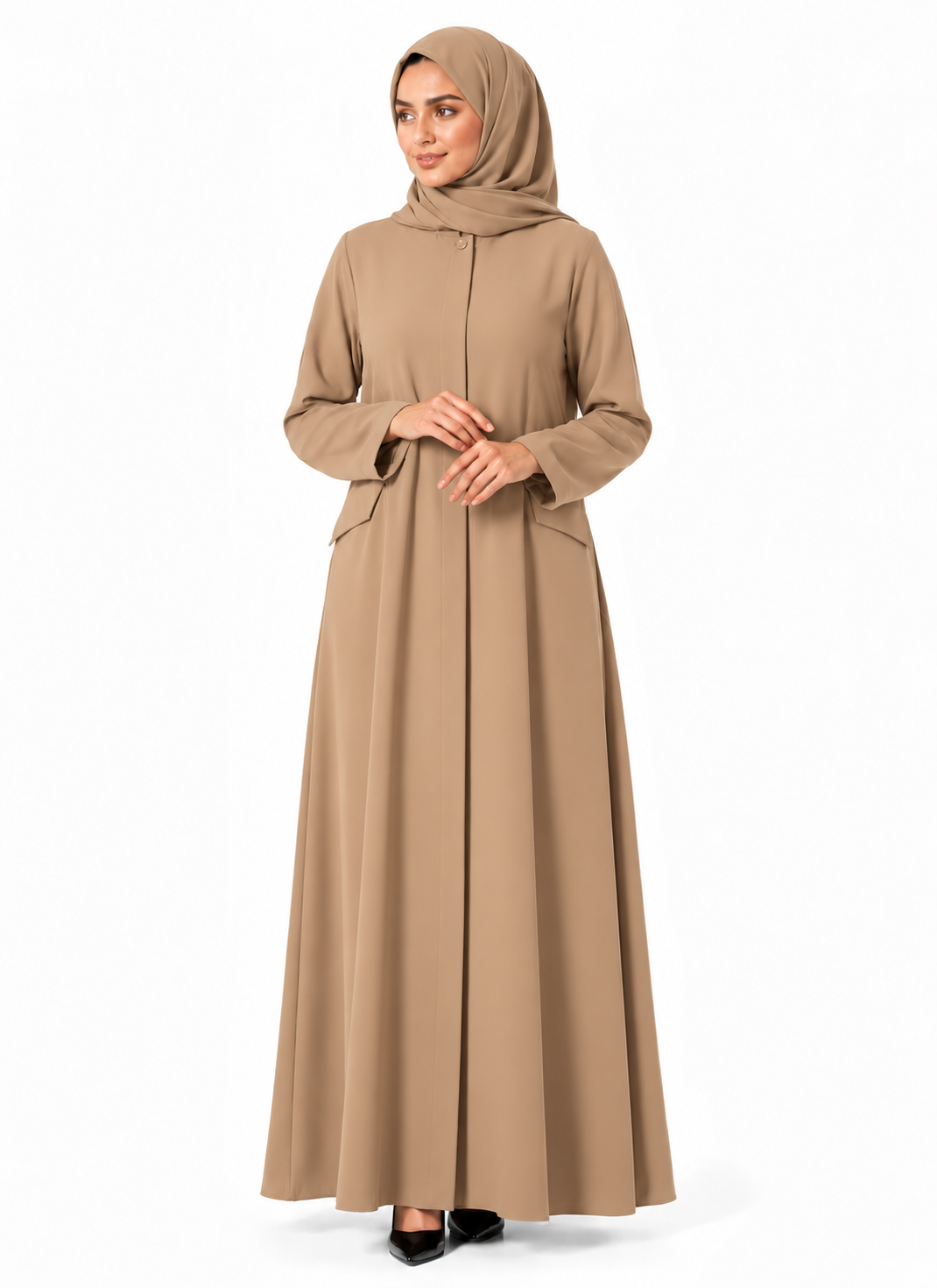 Black_abaya_front_zipper_button_and_pocket_detail_beige camel