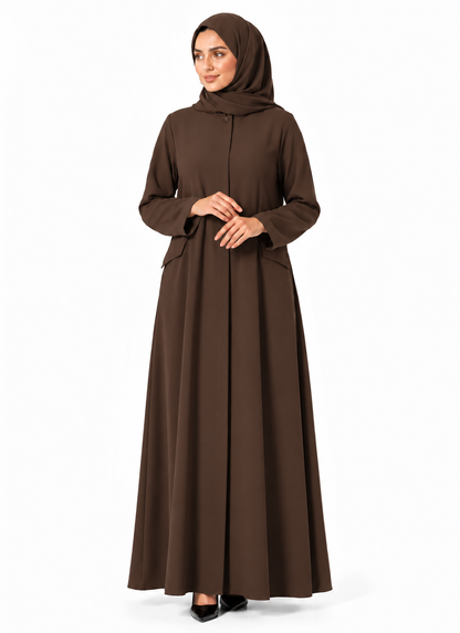Black_abaya_front_zipper_button_and_pocket_detail_brown
