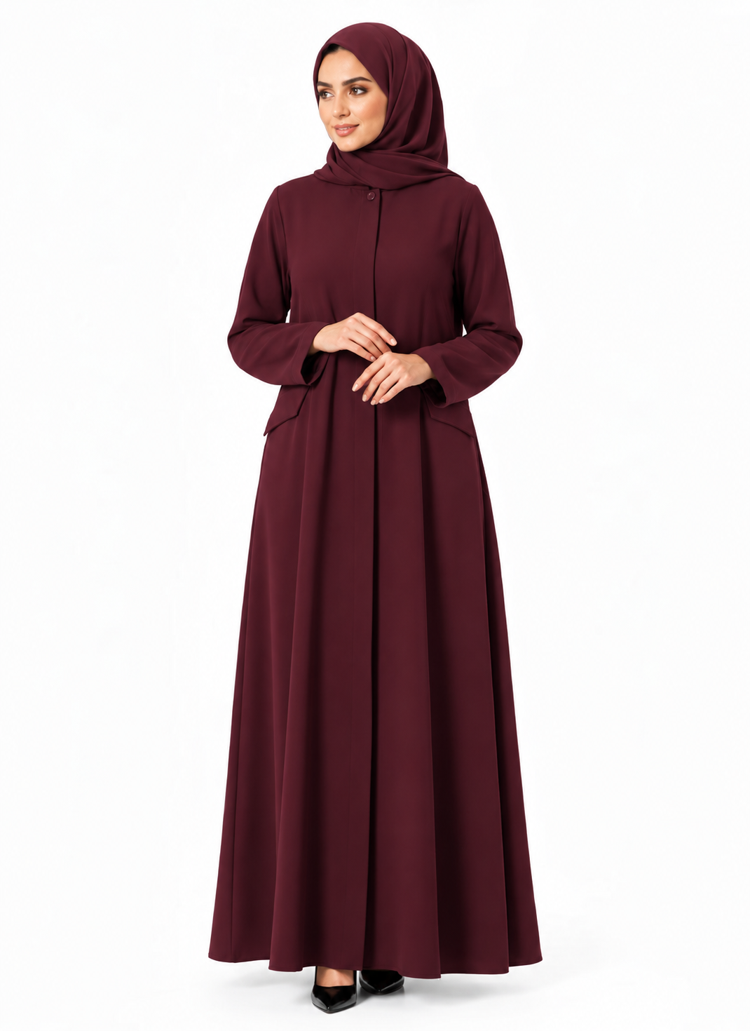 Black_abaya_front_zipper_button_and_pocket_detail_burgundy