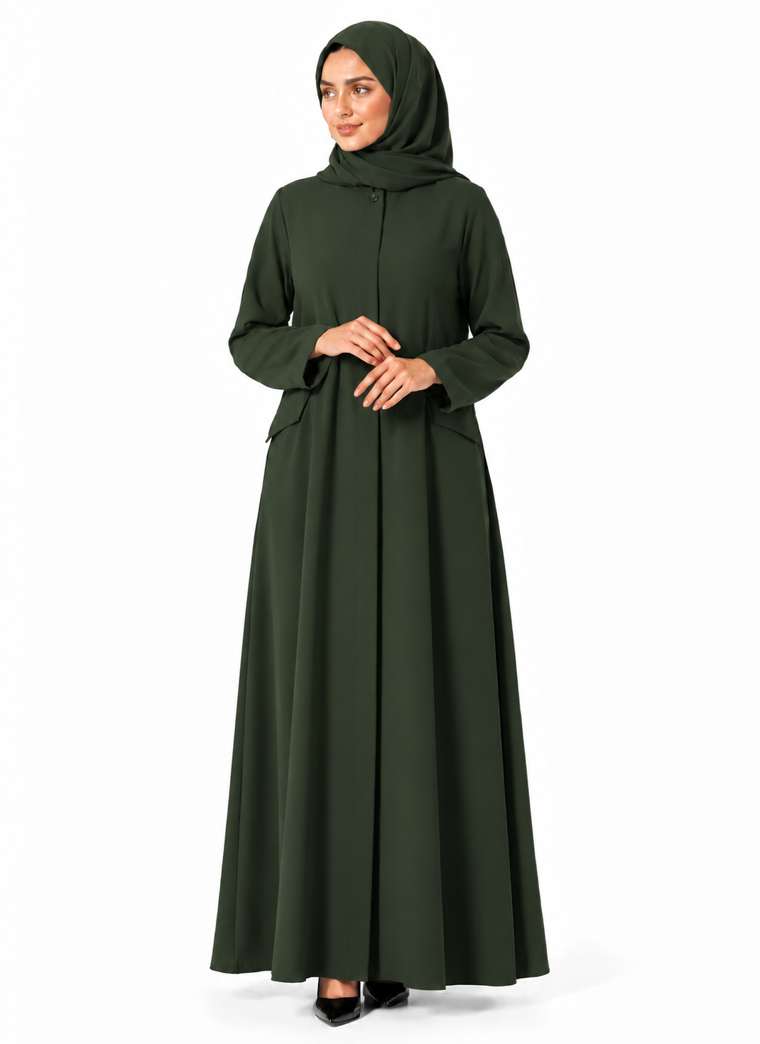 Black_abaya_front_zipper_button_and_pocket_detail_green