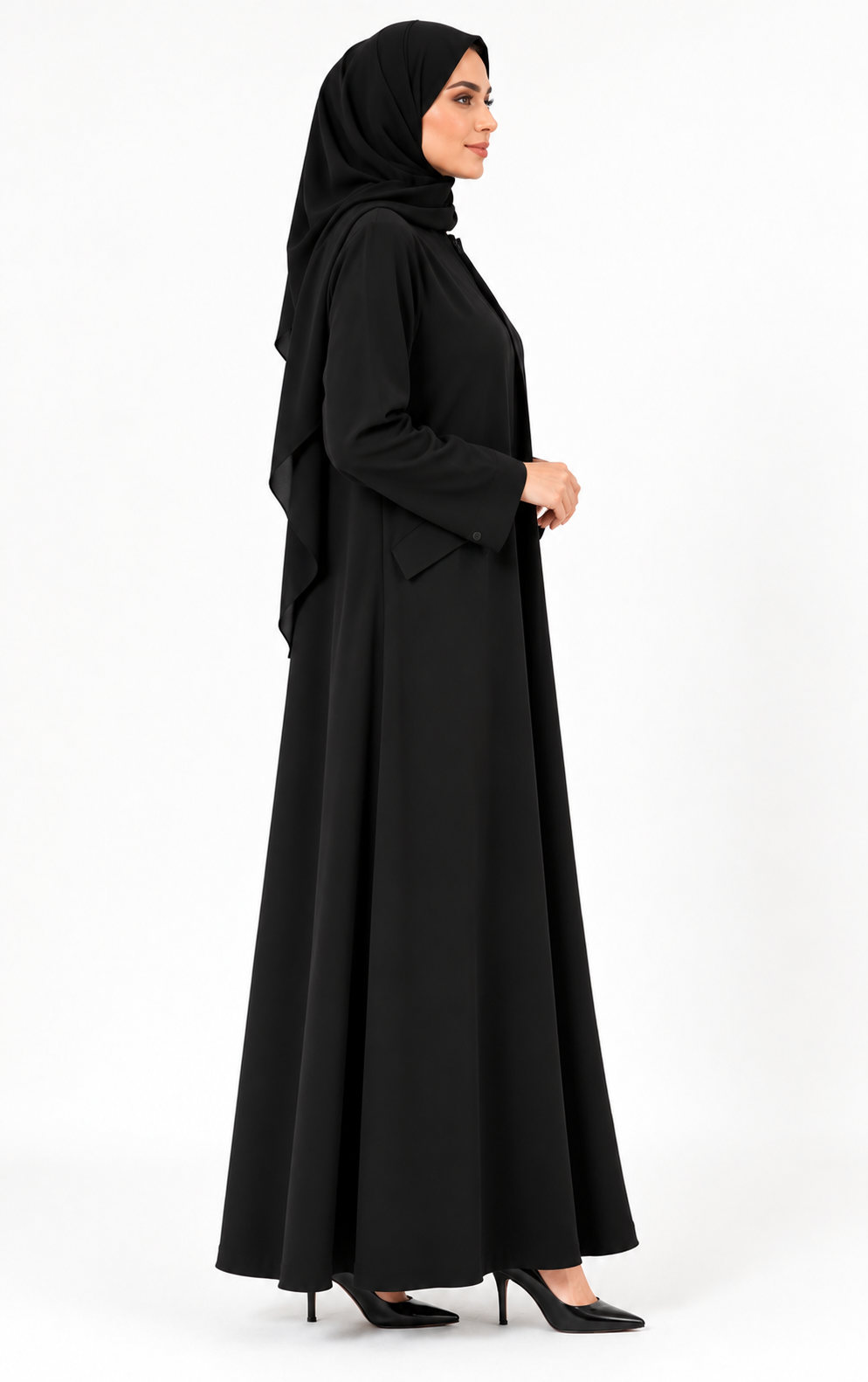 Black front zipper travel and office abaya side view