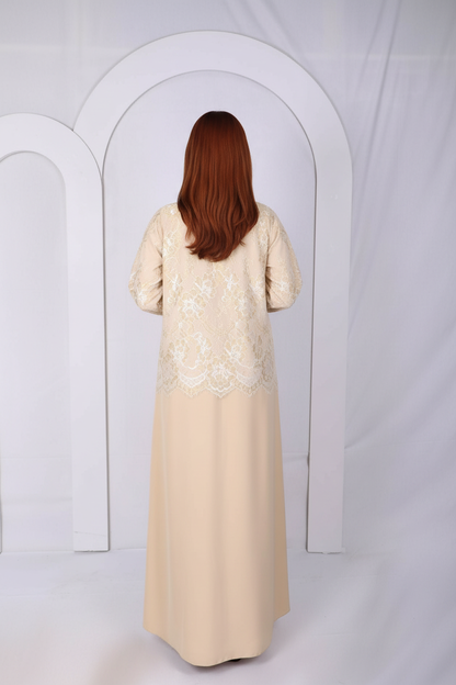 Close-up of floral lace detailing on Premium Lace Open Abaya Model L203 in beige