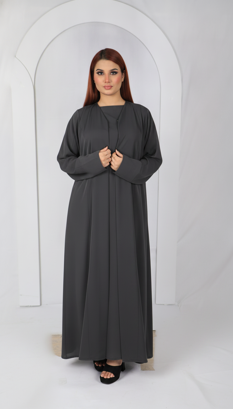 Premium open front abaya Model D107 in Charcoal Grey made in UAE