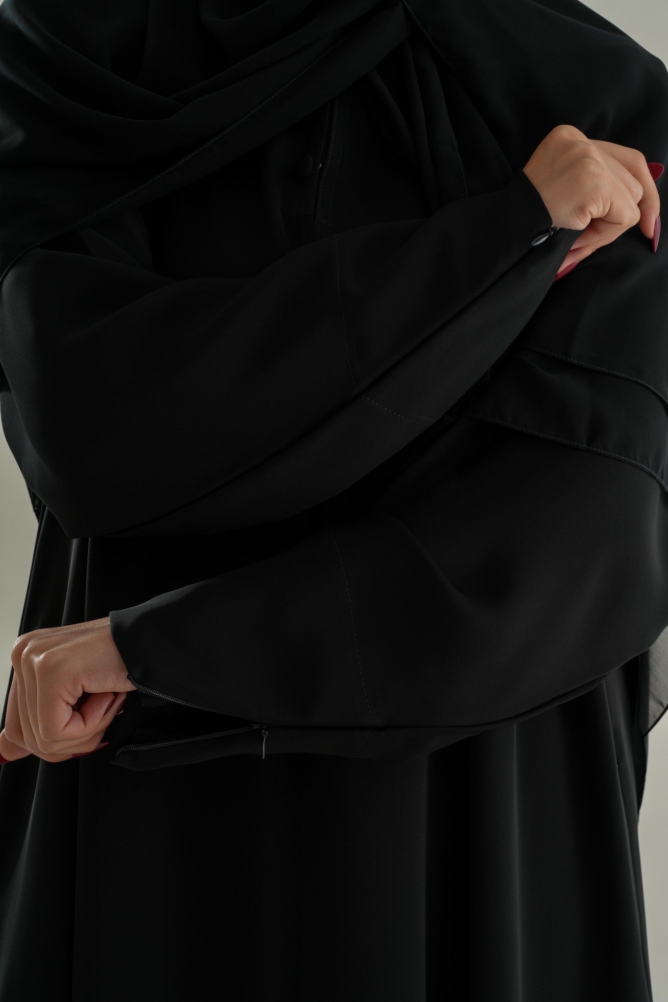 Model 1 Umrah Abaya – Front Neck Button Design with Sleeve Zips
