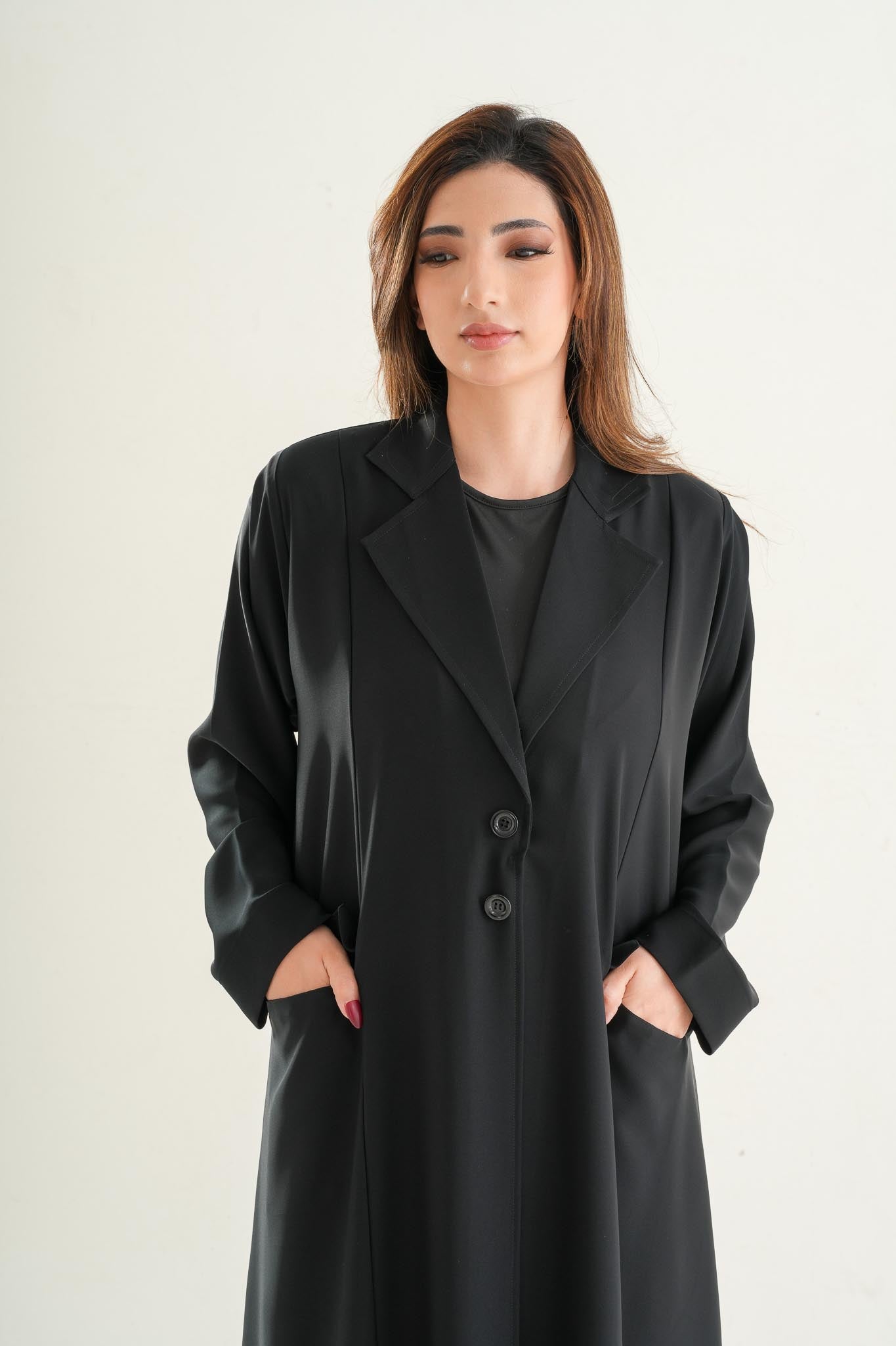 Korean Nida black closed abaya UAE premium modest abaya for Umrah travel daily wear C105 The Resha