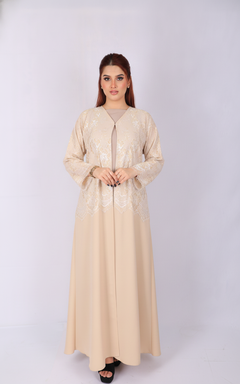 Premium Lace Open Abaya Model L203 front view in beige made from premium Korean fabric