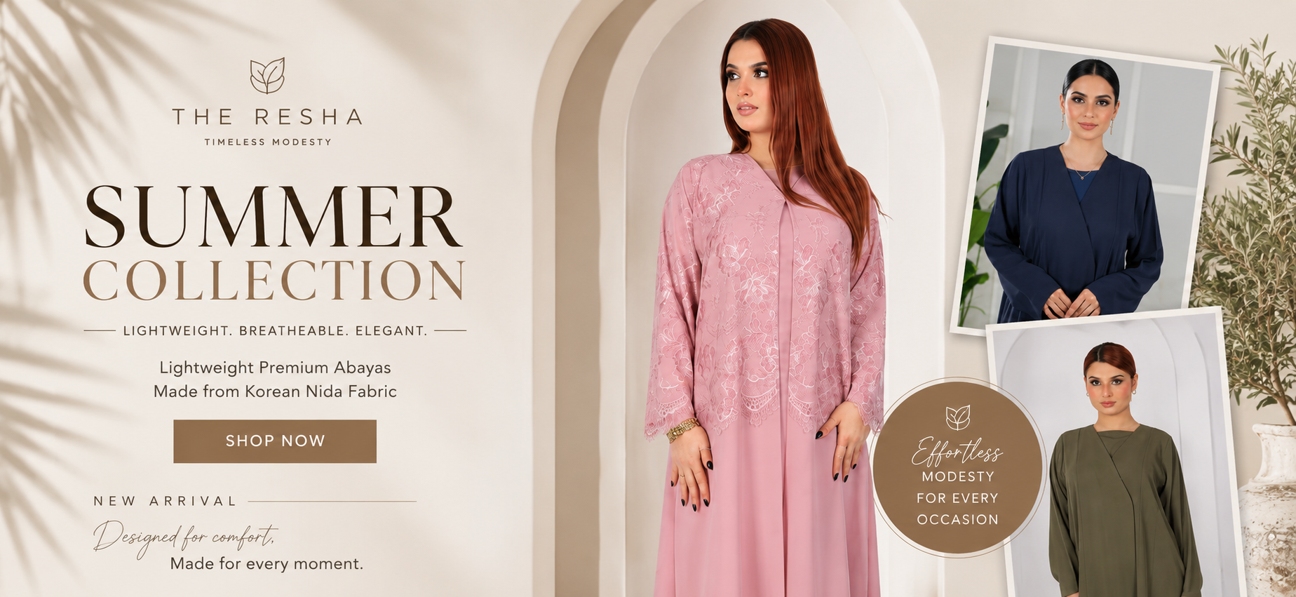 The Resha Summer Collection banner featuring premium lightweight Korean Nida abayas made in UAE