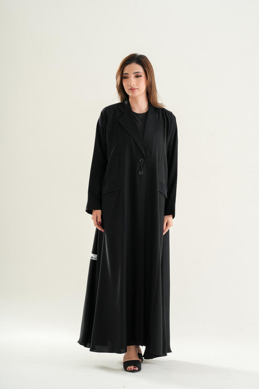 Premium_Korean_Nida_closed_abaya_C105_black_modest_abaya_with_collar_coat_style_front_The_Resha_