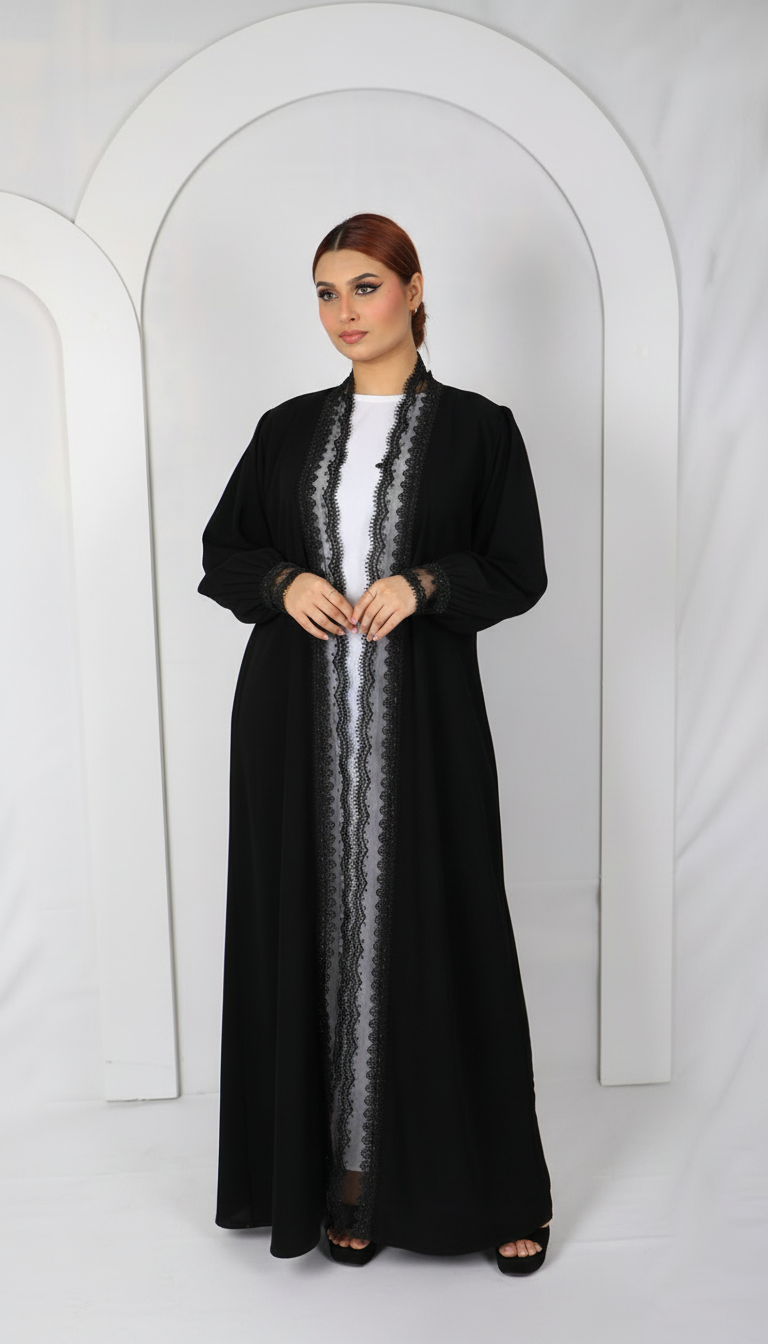 Premium Lace Open Abaya Model L202 full-length view in black