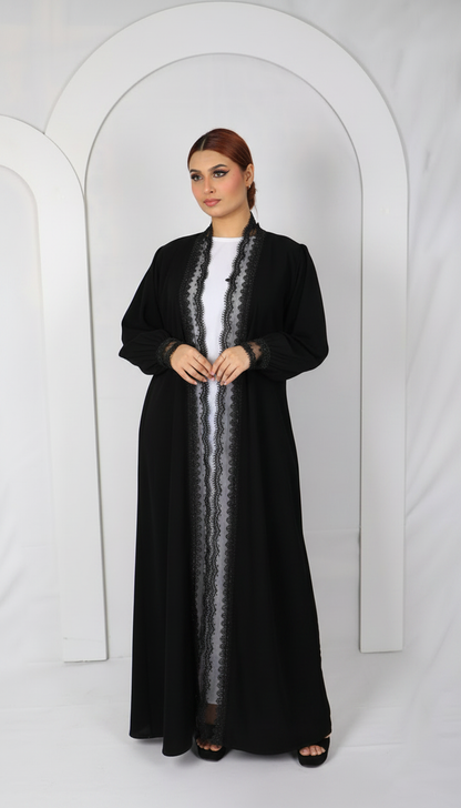 Premium Lace Open Abaya Model L202 full-length view in black
