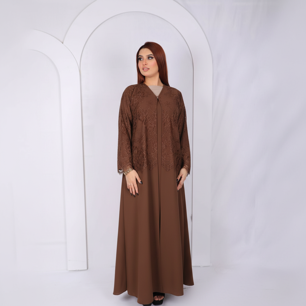Premium Lace Open Abaya Model L203 front view in Brown made from premium Korean fabric