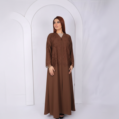 Premium Lace Open Abaya Model L203 front view in Brown made from premium Korean fabric