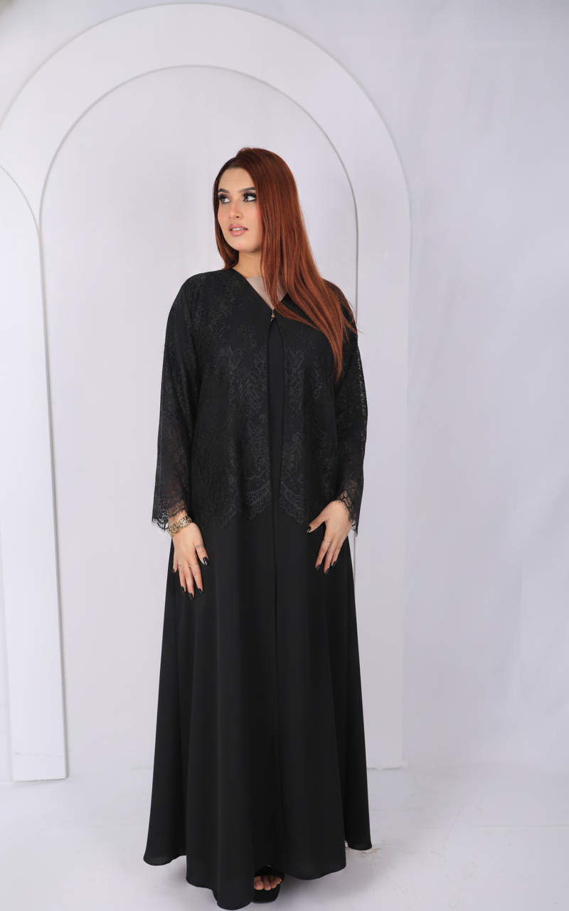 Premium Lace Open Abaya Model L203 front view in black made from premium Korean fabric