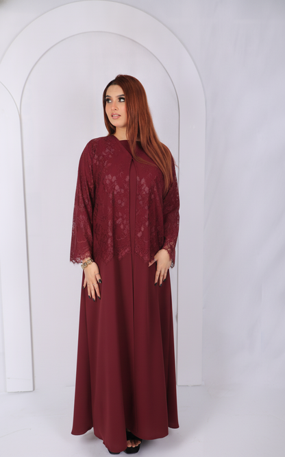 Premium Lace Open Abaya Model L203 front view in burgundy made from premium Korean fabric