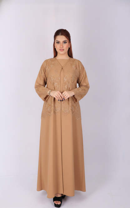 Premium Lace Open Abaya Model L203 front view in camel beige made from premium Korean fabric