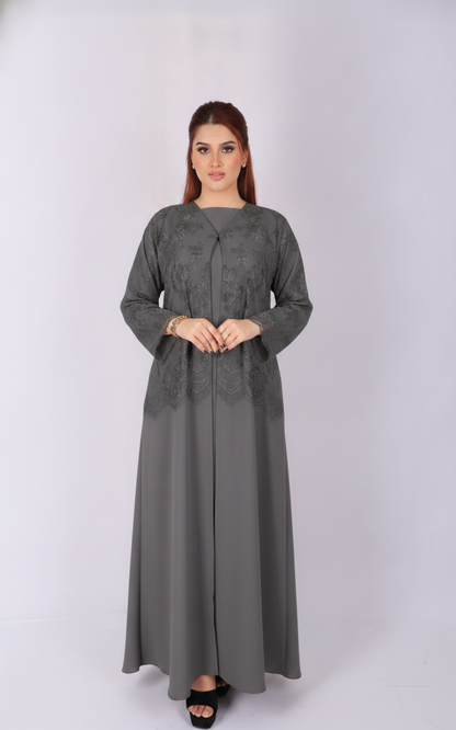 Premium Lace Open Abaya Model L203 front view in charcoal grey made from premium Korean fabric