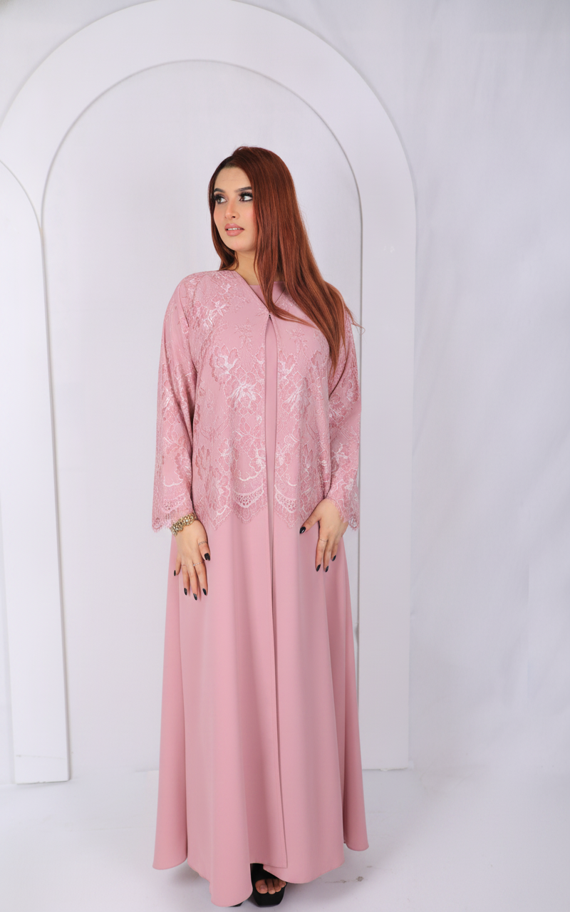 Premium Lace Open Abaya Model L203 front view in dusty pink made from premium Korean fabric