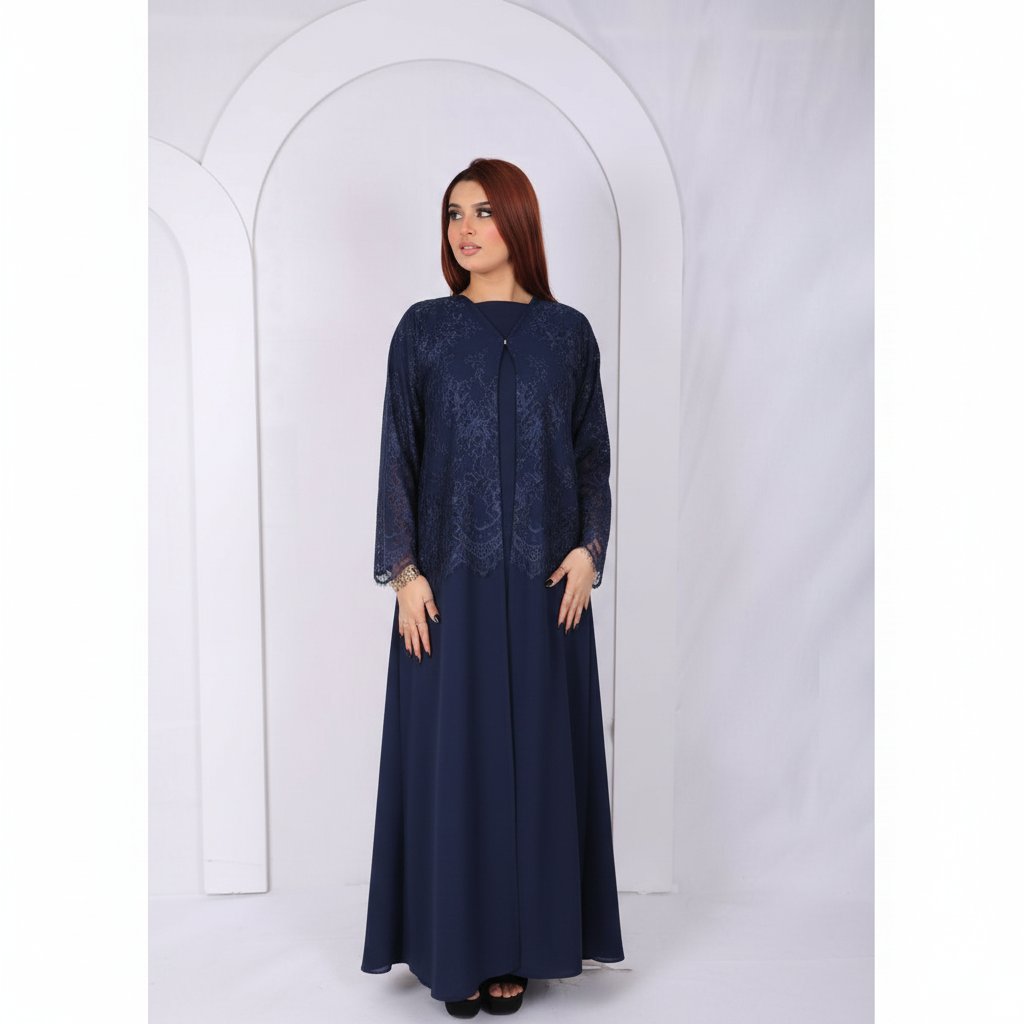 Premium Lace Open Abaya Model L203 front view in navy blue made from premium Korean fabric