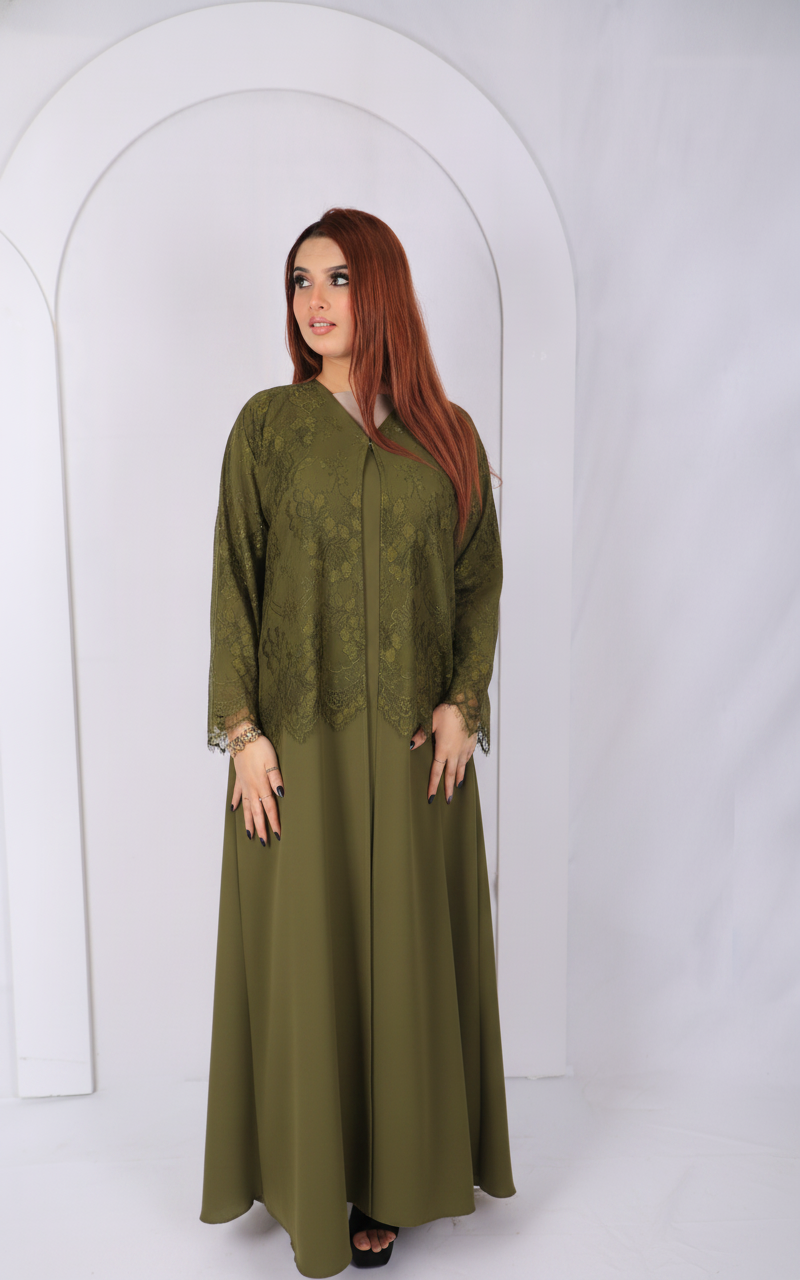 Premium Lace Open Abaya Model L203 front view in olive green made from premium Korean fabric