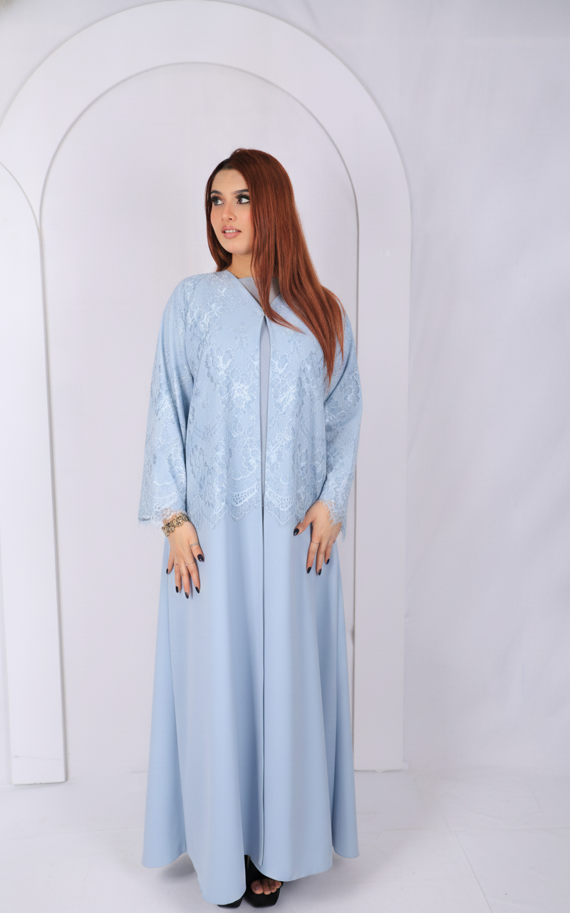 Premium Lace Open Abaya Model L203 front view in sky blue made from premium Korean fabric