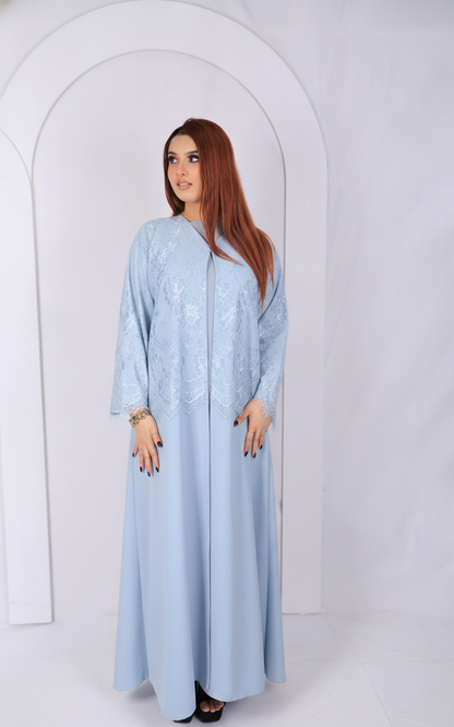 Premium Lace Open Abaya Model L203 front view in sky blue made from premium Korean fabric
