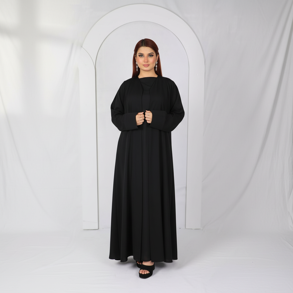 Premium open front abaya Model D107 in black made in UAE