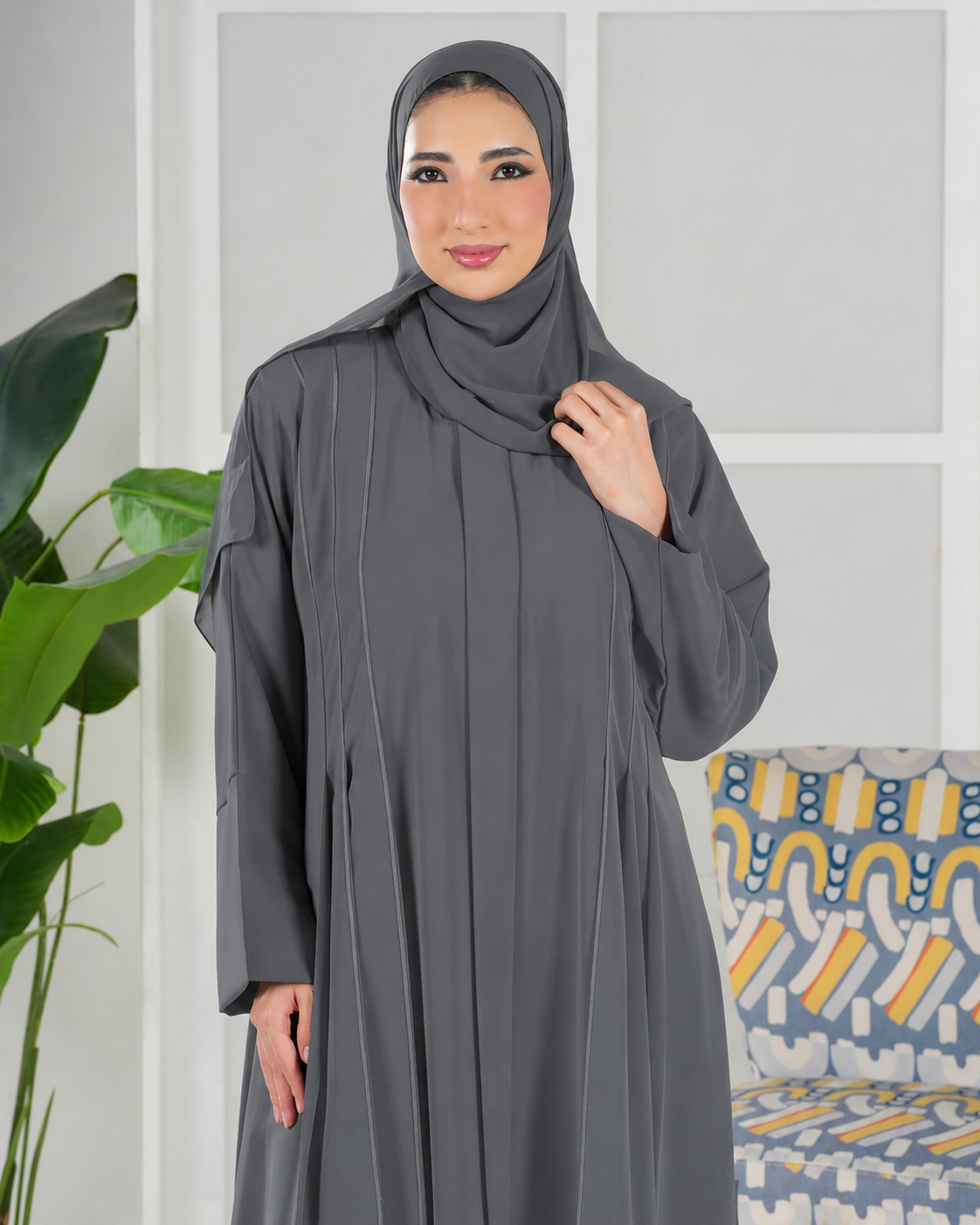 Premium Umrah & Hajj Abaya Model U107 with luxury panel design made in UAE grey color