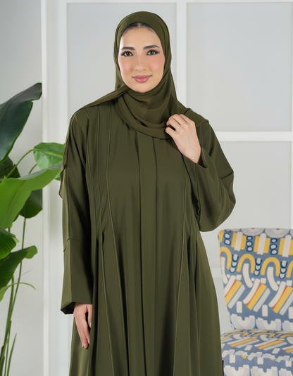 Premium Umrah & Hajj Abaya Model U107 with luxury panel design made in UAE olive green