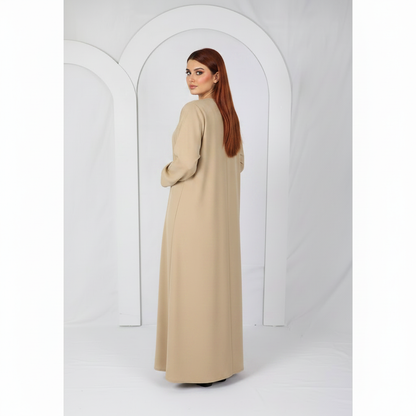 Premium open front abaya Model D107 in Beige made in UAE