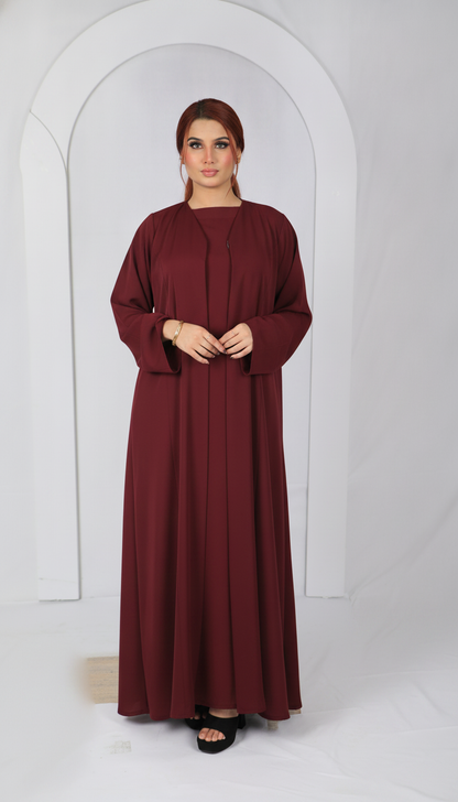 Premium open front abaya Model D107 in Burgundy made in UAE