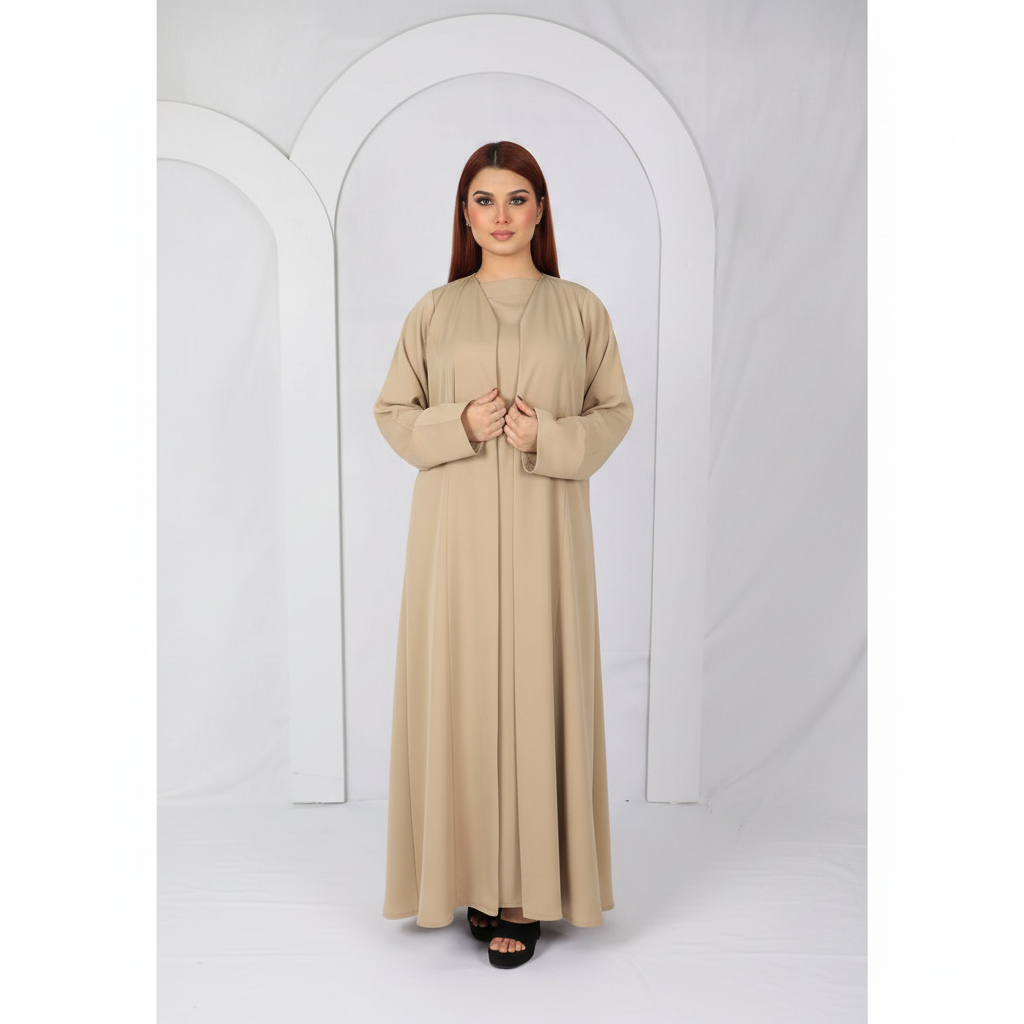 Premium open front abaya Model D107 in Camel Beige made in UAE alresha
