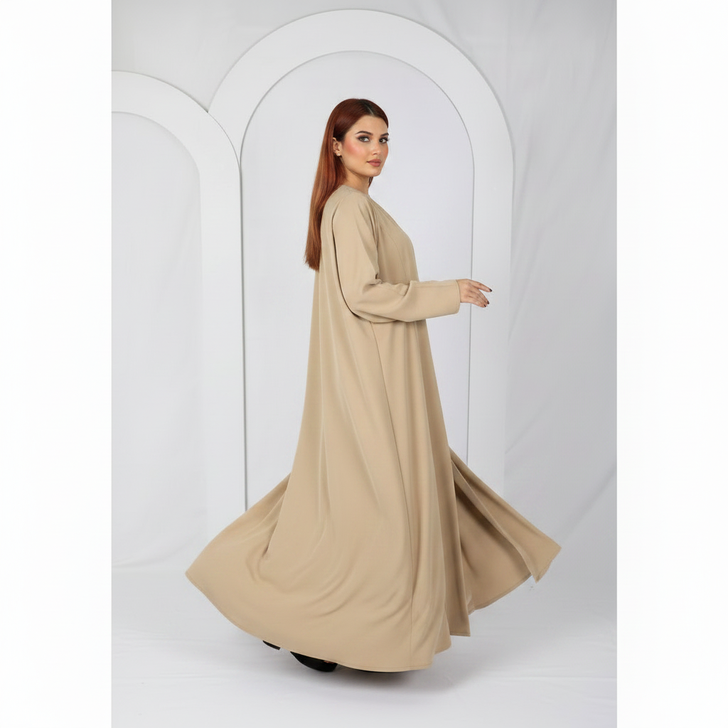 Premium open front abaya Model D107 in Camel Beige made in UAE the resha
