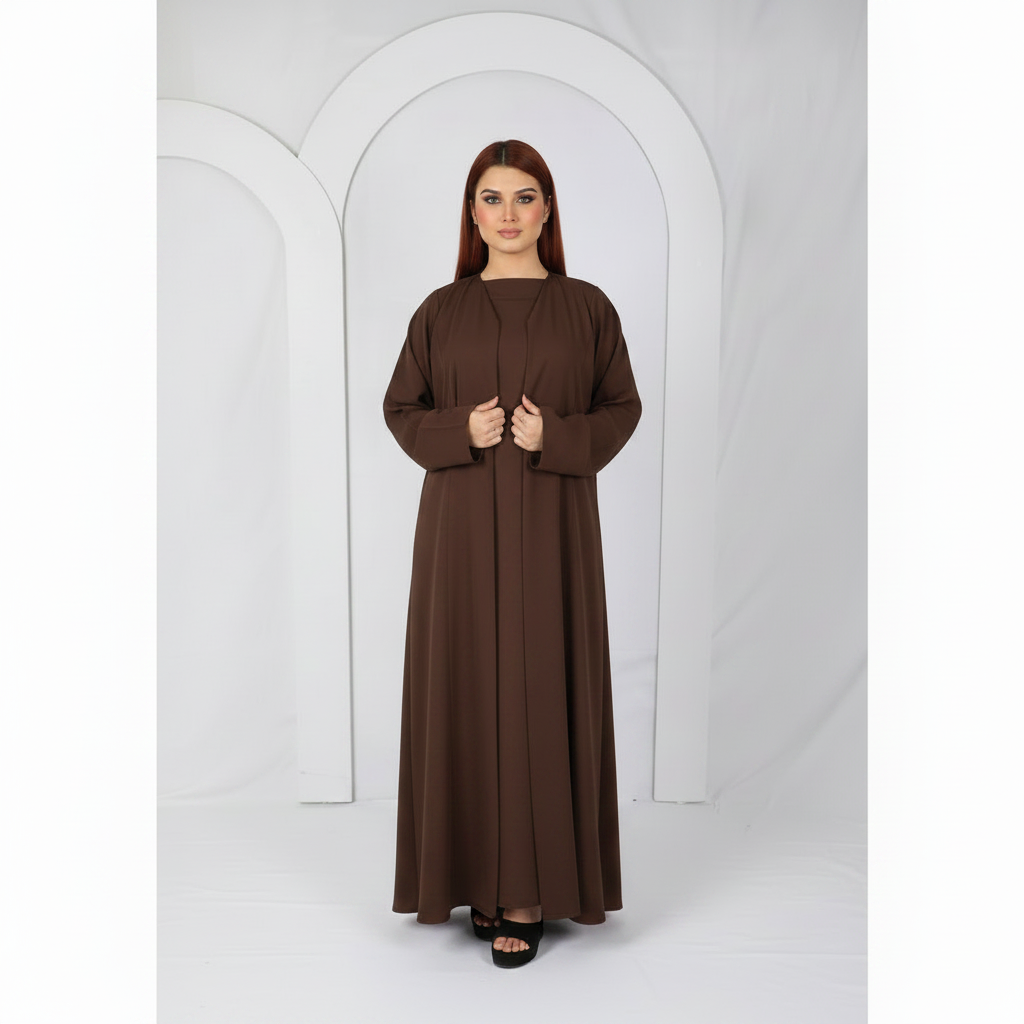 Premium open front abaya Model D107 in Chocolate Brown made in UAE