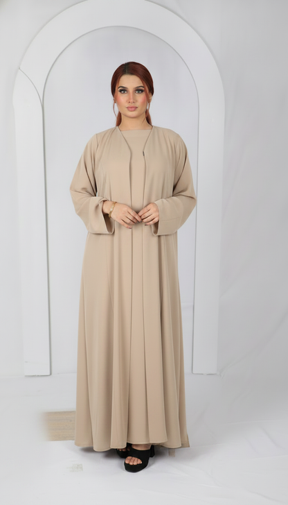 Premium open front abaya Model D107 in Light Beige made in UAE