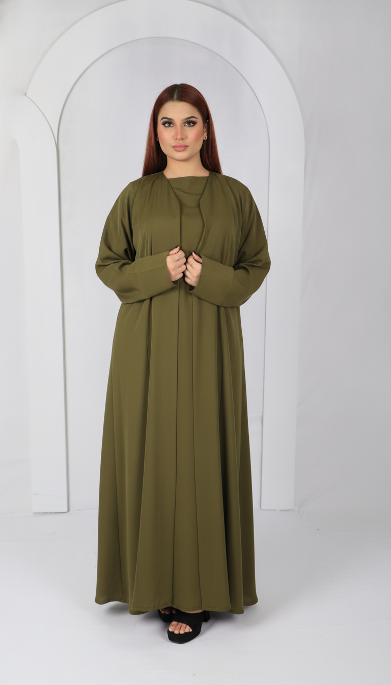 Premium open front abaya Model D107 in Olive green made in UAE