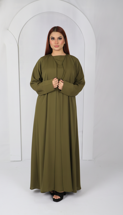 Premium open front abaya Model D107 in Olive green made in UAE