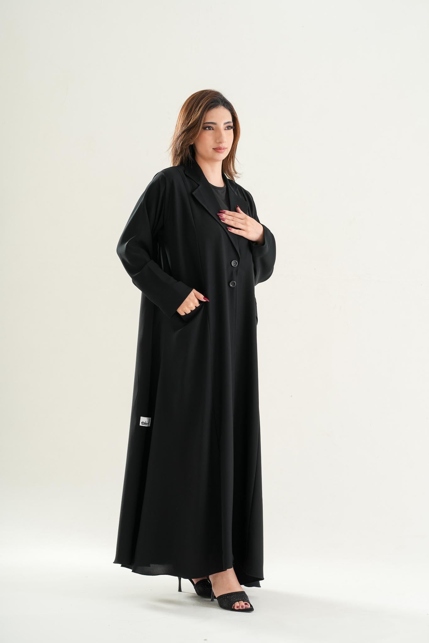 The Resha Korean Nida abaya C105 premium black modest closed abaya lightweight flowy fabric UAE