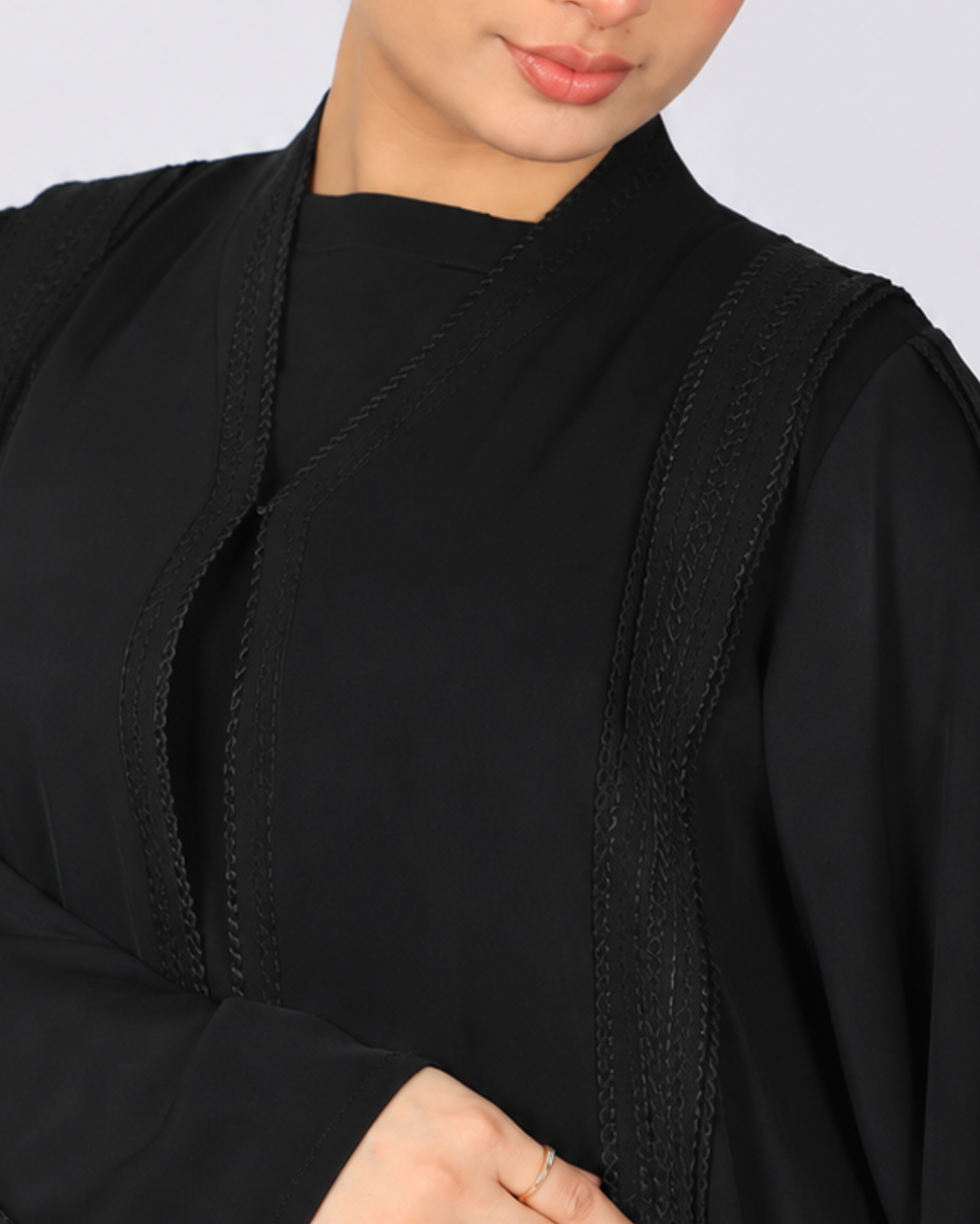 Premium Open Abaya with Front & Back Woven Braid Trim - ST1011