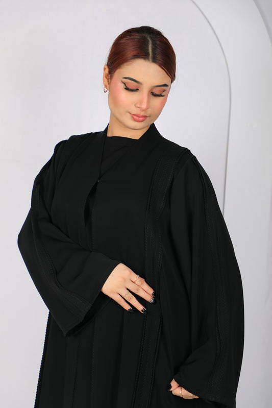 Premium Open Abaya with Front & Back Woven Braid Trim - ST1011