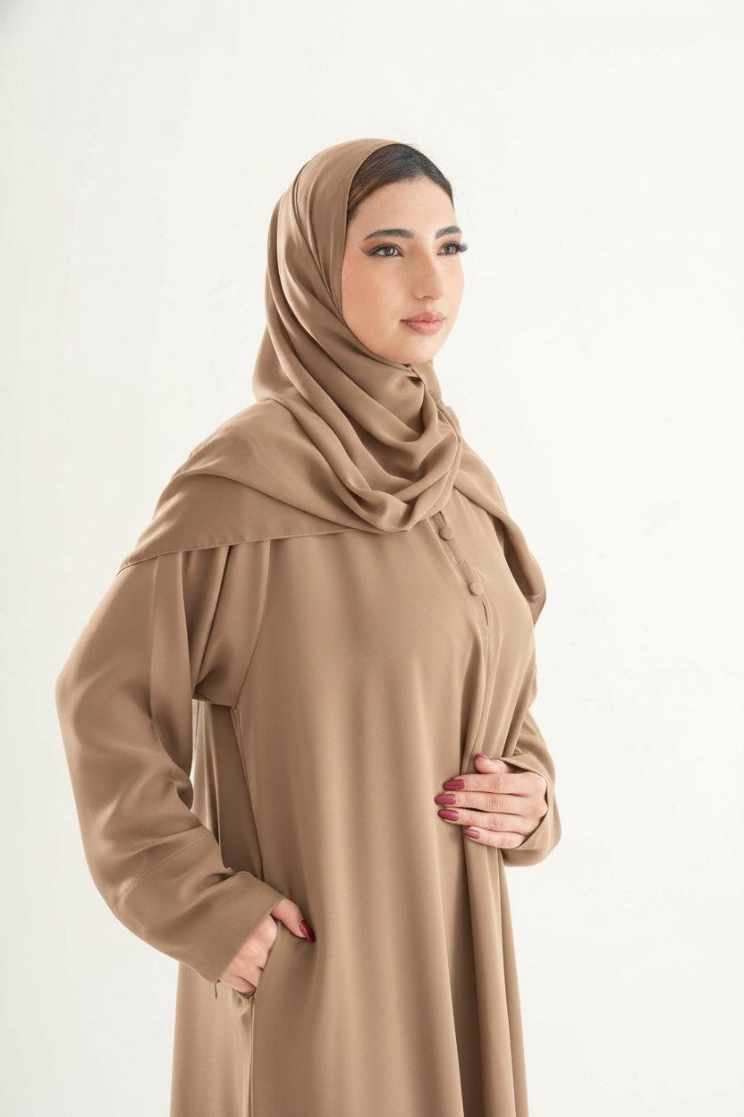 Model 1 Umrah Abaya – Front Neck Button Design with Sleeve Zips