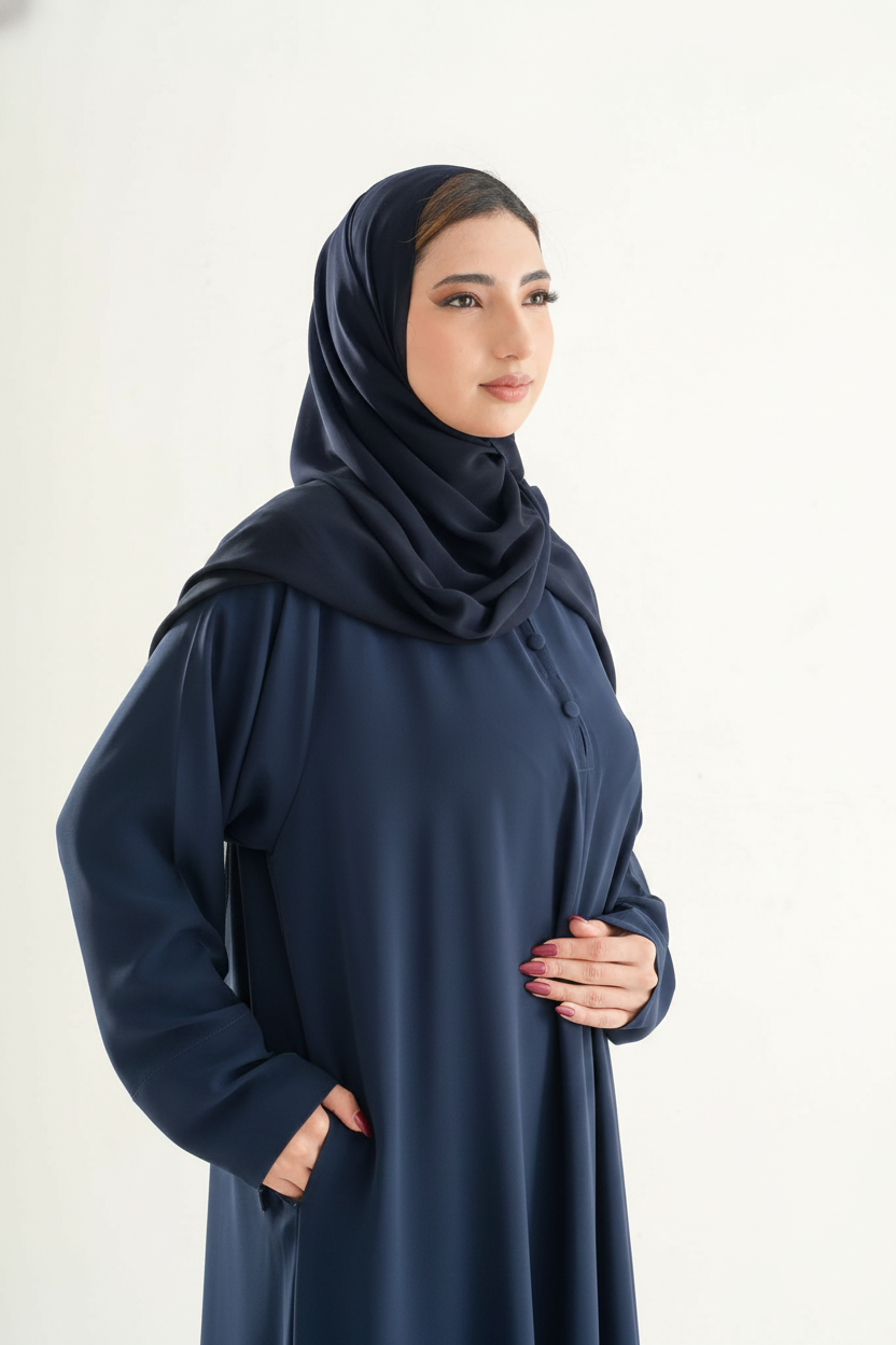 Model 1 Umrah Abaya – Front Neck Button Design with Sleeve Zips