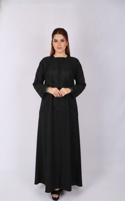 Premium Lace Open Abaya Model L203 front view in black made from premium Korean fabric