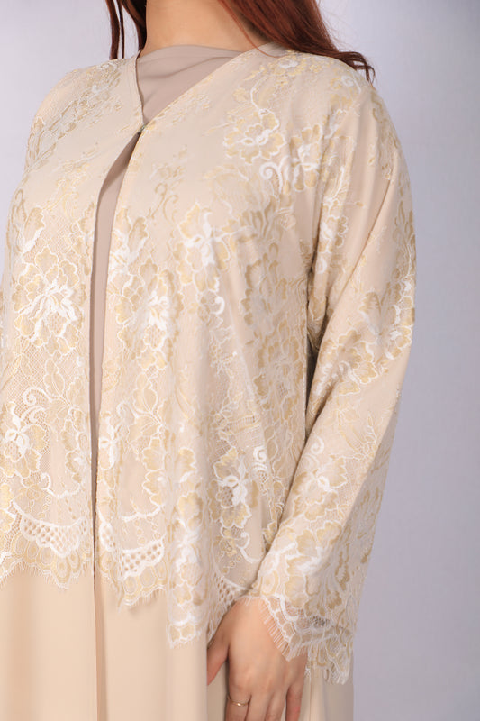 Luxury beige lace open abaya Model L203 full-length view with floral lace detailing