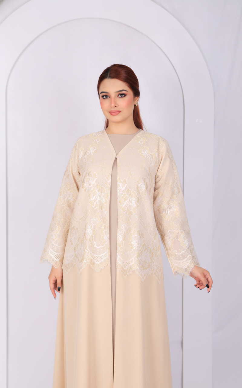 Premium Lace Open Abaya Model L203 back view showing elegant full lace design